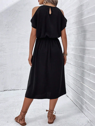 Cold Shoulder Split Thigh Belted Dress