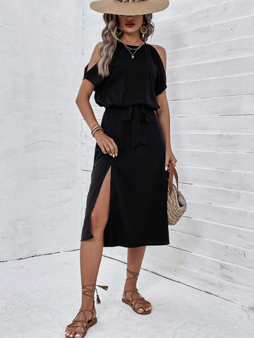 Cold Shoulder Split Thigh Belted Dress
