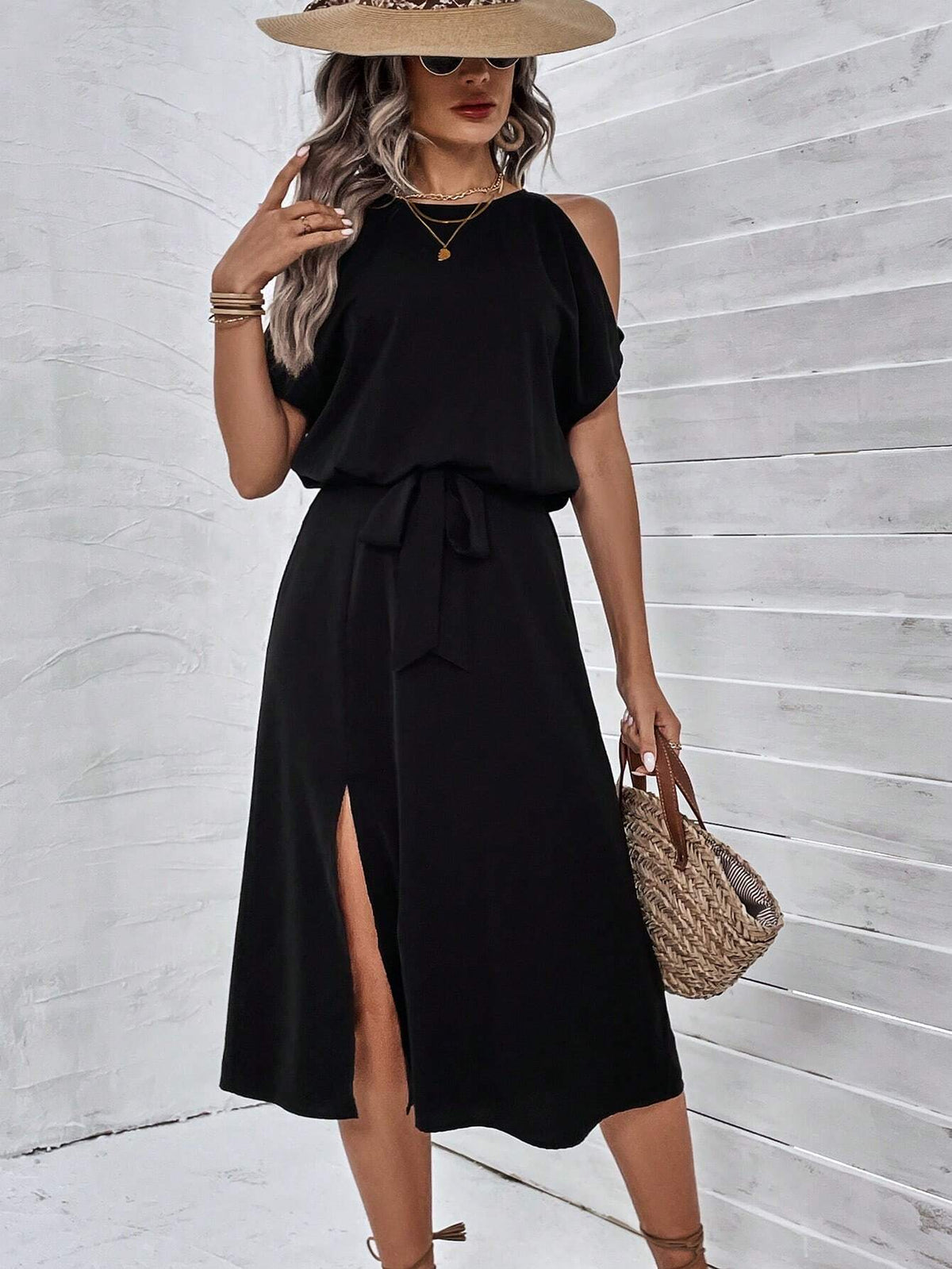 Cold Shoulder Split Thigh Belted Dress
