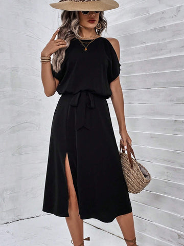 Cold Shoulder Split Thigh Belted Dress