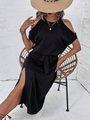Cold Shoulder Split Thigh Belted Dress