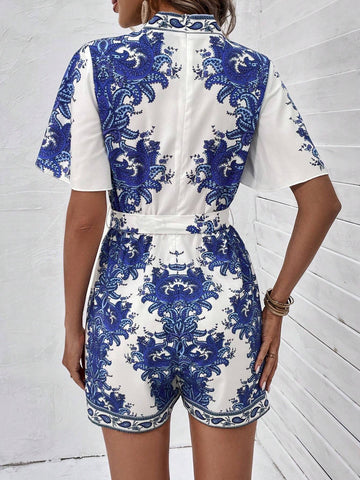 EMERY ROSE Paisley Print Butterfly Sleeve Belted Romper