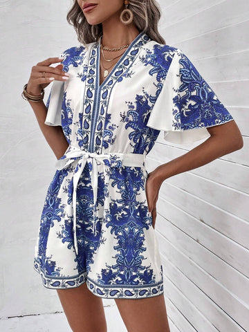 EMERY ROSE Paisley Print Butterfly Sleeve Belted Romper