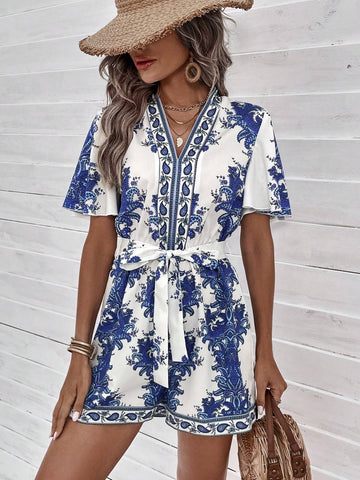 EMERY ROSE Paisley Print Butterfly Sleeve Belted Romper