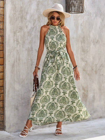 EMERY ROSE Allover Print Belted Halter Dress
