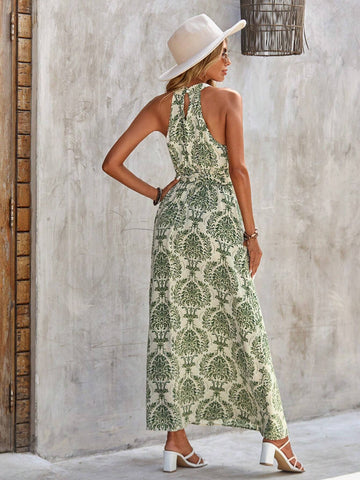 EMERY ROSE Allover Print Belted Halter Dress