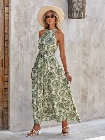 EMERY ROSE Allover Print Belted Halter Dress