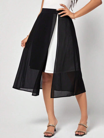 EMERY ROSE Two Tone Split Thigh Mesh Overlay Skirt