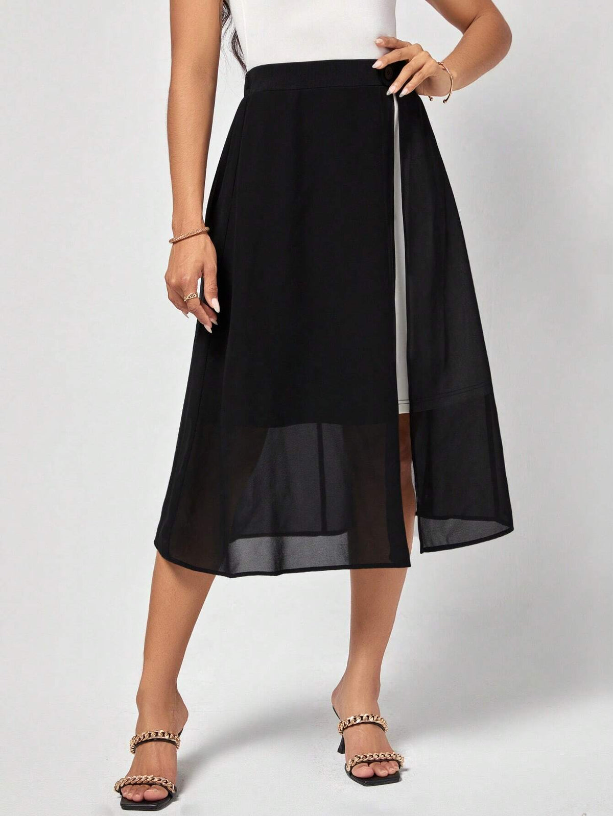 EMERY ROSE Two Tone Split Thigh Mesh Overlay Skirt