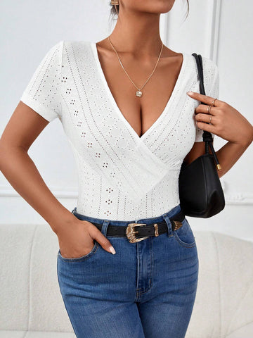 Eyelet Embroidery Surplice Neck Tee