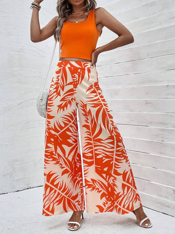 EMERY ROSE Solid Tank Top & Tropical Print Wide Leg Pants
