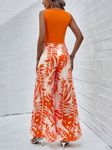 EMERY ROSE Solid Tank Top & Tropical Print Wide Leg Pants