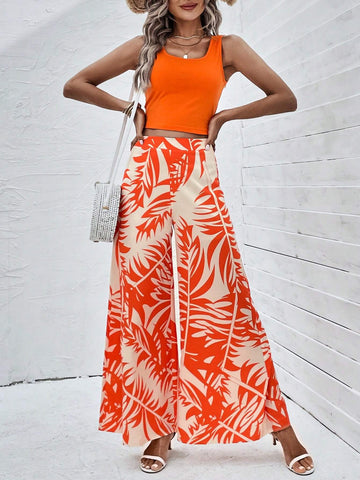 EMERY ROSE Solid Tank Top & Tropical Print Wide Leg Pants
