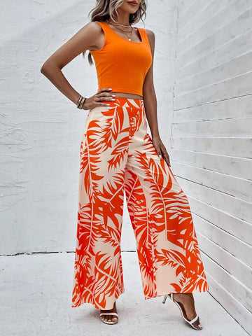 EMERY ROSE Solid Tank Top & Tropical Print Wide Leg Pants
