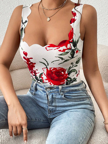 Floral Print Scallop Trim Tank Bodysuit