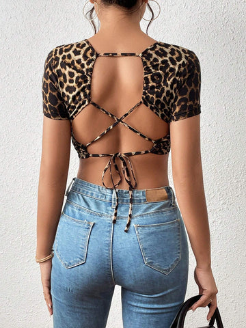 Unity Leopard Print Lace Up Backless Crop Tee