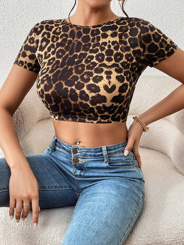 Unity Leopard Print Lace Up Backless Crop Tee