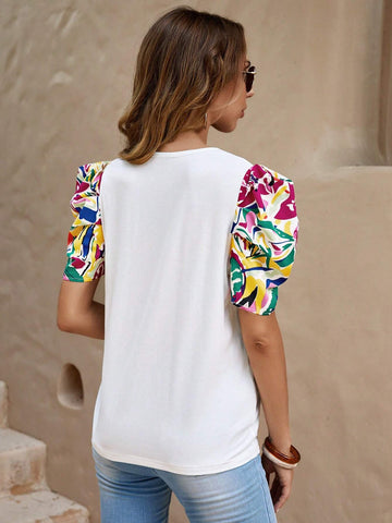 EMERY ROSE Floral and Letter Graphic Puff Sleeve Tee