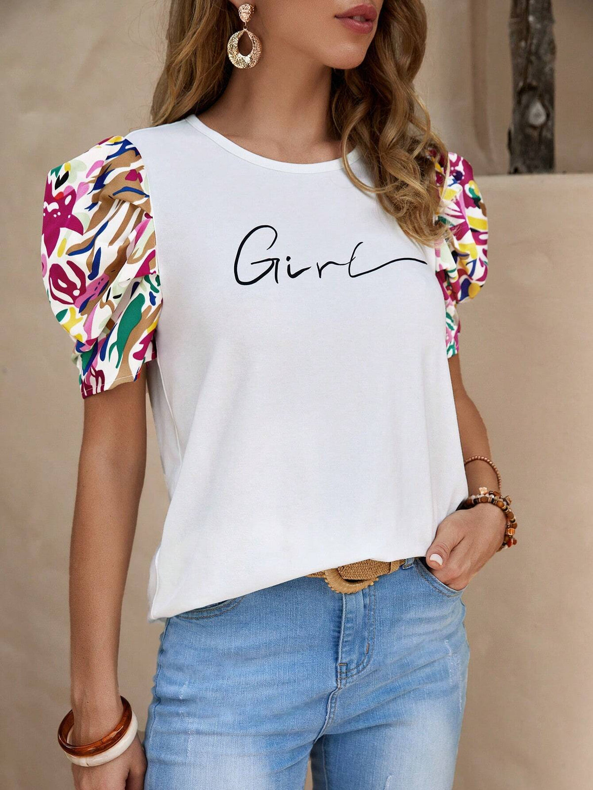EMERY ROSE Floral and Letter Graphic Puff Sleeve Tee