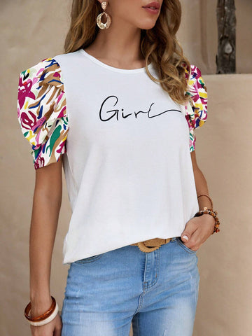 EMERY ROSE Floral and Letter Graphic Puff Sleeve Tee