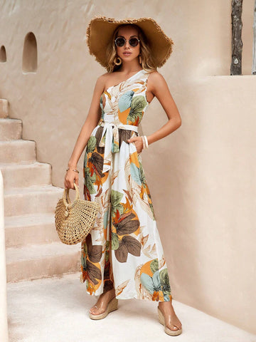 EMERY ROSE Tropical Print One Shoulder Belted Wide Leg Jumpsuit