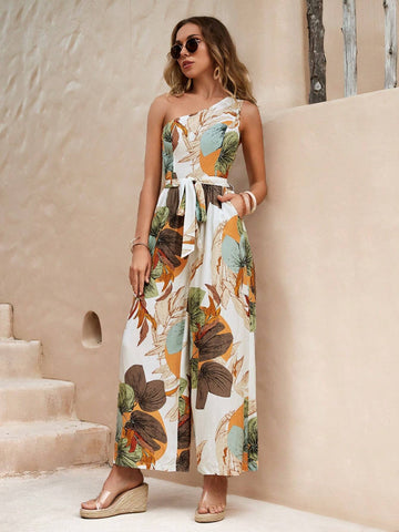 EMERY ROSE Tropical Print One Shoulder Belted Wide Leg Jumpsuit