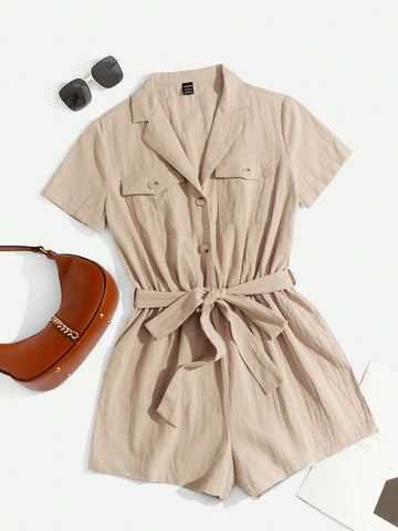Flap Pocket Belted Shirt Romper