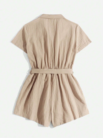 Flap Pocket Belted Shirt Romper