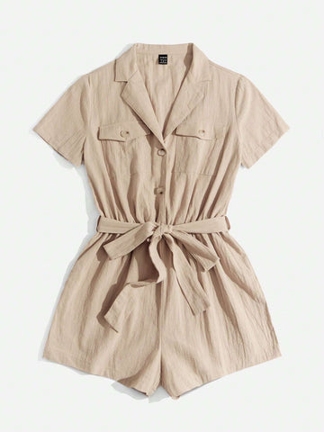 Flap Pocket Belted Shirt Romper