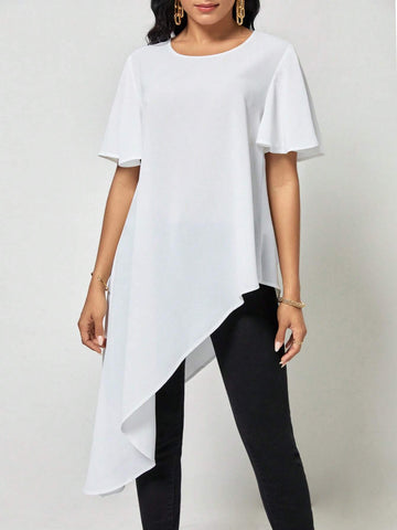 EMERY ROSE Solid Asymmetrical Hem Tee
