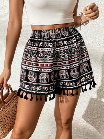 VCAY Elephant Print Tassel Trim Shorts