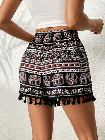 VCAY Elephant Print Tassel Trim Shorts