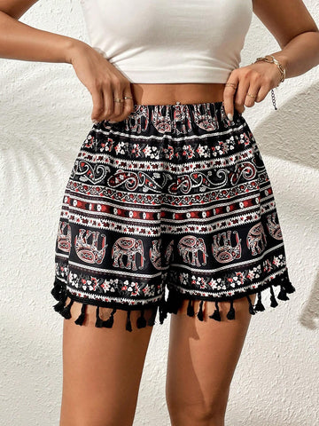 VCAY Elephant Print Tassel Trim Shorts