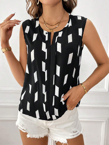 Geo Print Notched Neckline Sleeveless Blouse