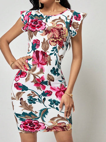 EMERY ROSE Floral Print Ruffle Trim Bodycon Dress