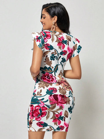 EMERY ROSE Floral Print Ruffle Trim Bodycon Dress