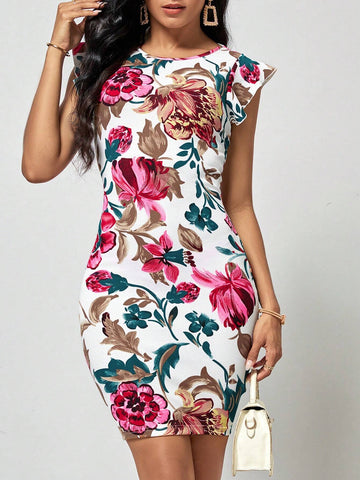 EMERY ROSE Floral Print Ruffle Trim Bodycon Dress