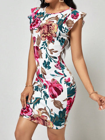EMERY ROSE Floral Print Ruffle Trim Bodycon Dress