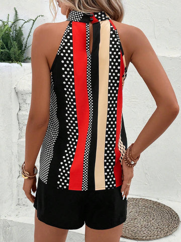 EMERY ROSE Polka Dot Print Halter Top & Shorts