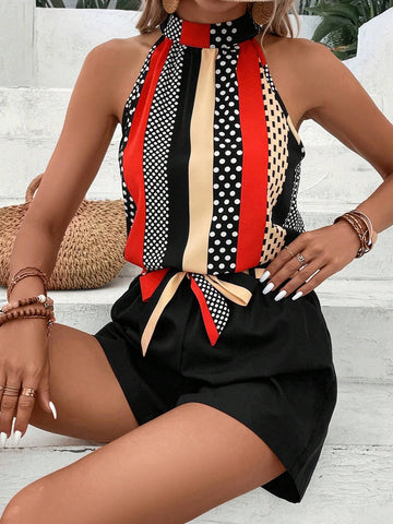 EMERY ROSE Polka Dot Print Halter Top & Shorts