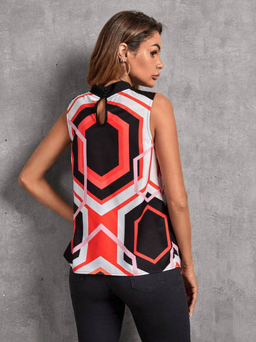 Geo Print Tie Neck Sleeveless Blouse