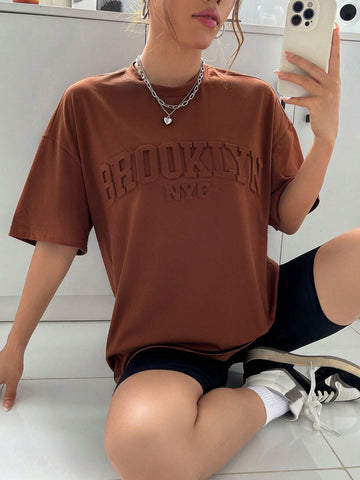 EZwear Letter Embossed Drop Shoulder Tee