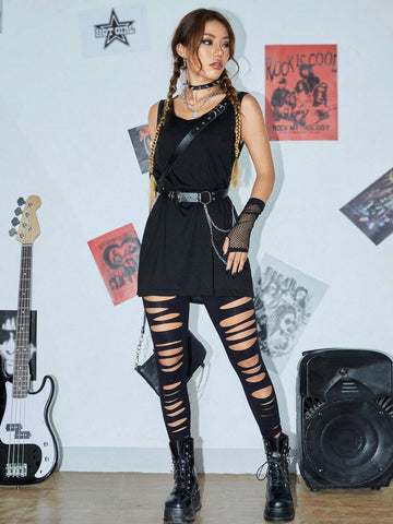 ROMWE PUNK Solid Cut Out Leggings