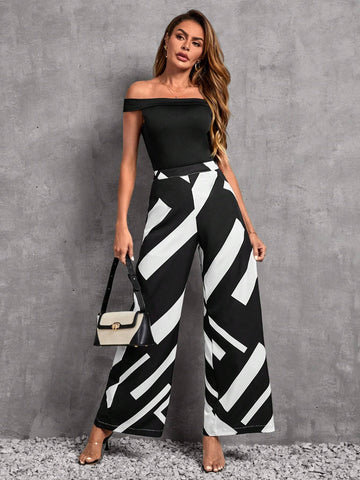 EMERY ROSE Off Shoulder Blouse & Geo Print Wide Leg Pants