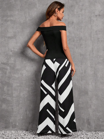 EMERY ROSE Off Shoulder Blouse & Geo Print Wide Leg Pants