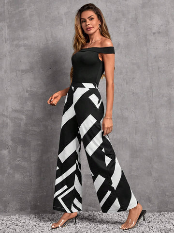 EMERY ROSE Off Shoulder Blouse & Geo Print Wide Leg Pants