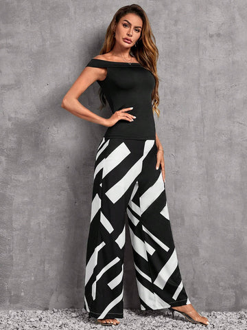 EMERY ROSE Off Shoulder Blouse & Geo Print Wide Leg Pants