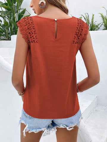 Contrast Guipure Lace Cap Sleeve Keyhole Back Blouse