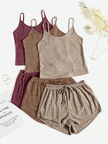 3sets Ribbed Knit Cami Top & Tie Front Shorts Lounge Set