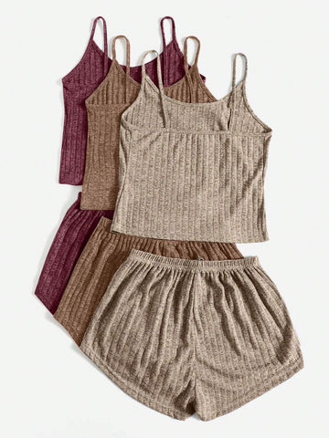 3sets Ribbed Knit Cami Top & Tie Front Shorts Lounge Set